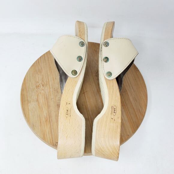 Dr Scholls Wooden Slide Sandals Womens 7 Original Clog Off White Austria Vintage - Picture 9 of 12